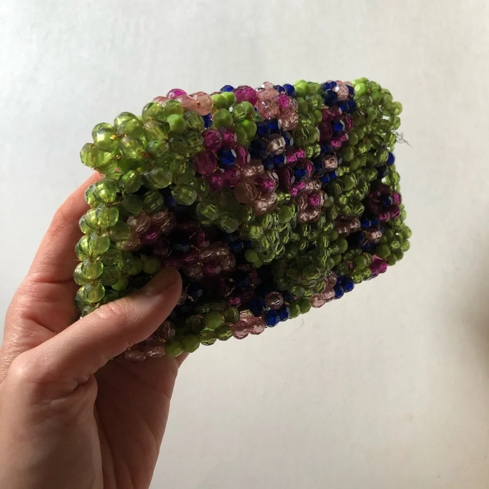 Rare handbeaded Vintage 1970s Saks Fifth ave Italy bead green purple clutch 7”